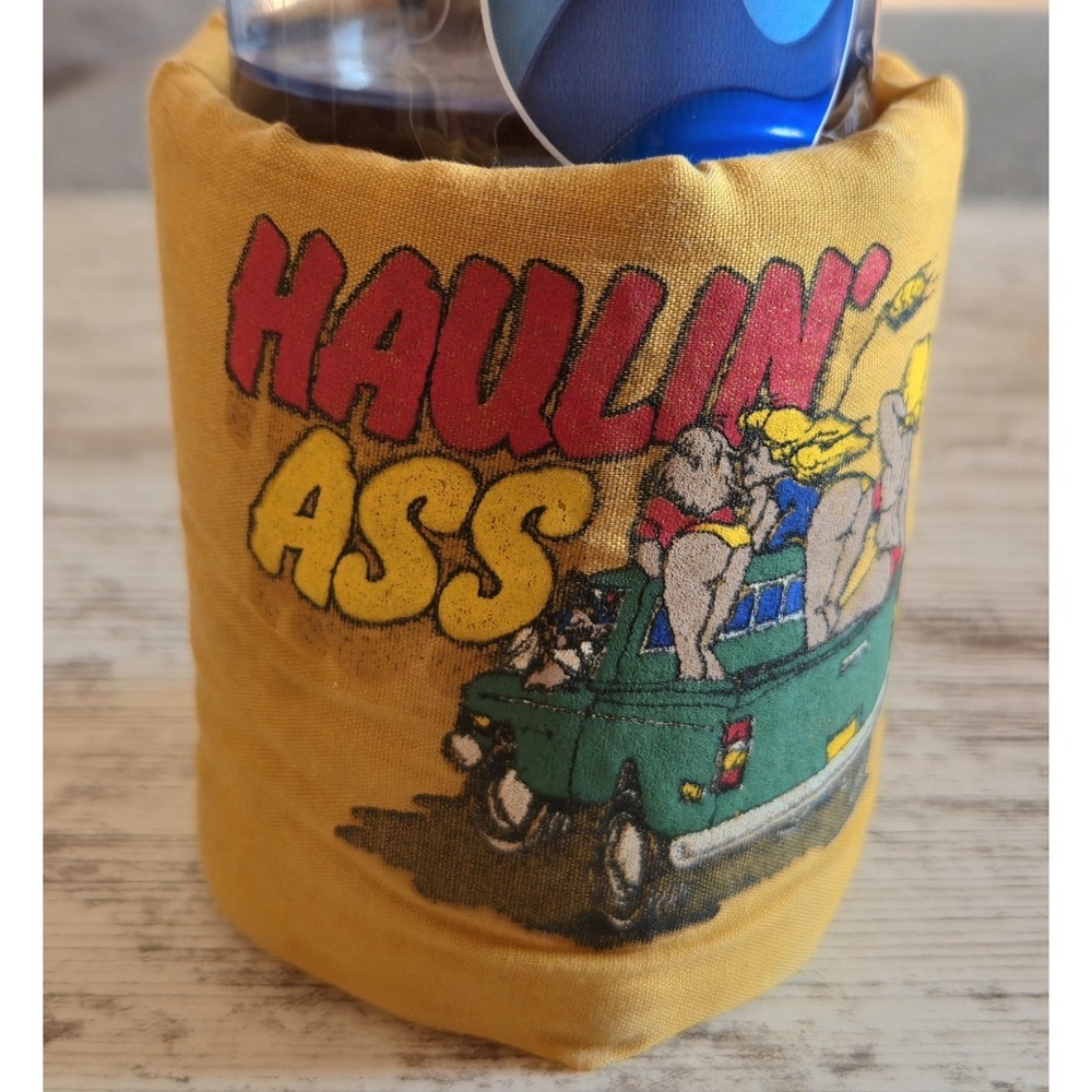 Vintage Haulin Ass Can Koozie Yellow T-Shirt Fabric Novelty Drink Holder 80s 90s